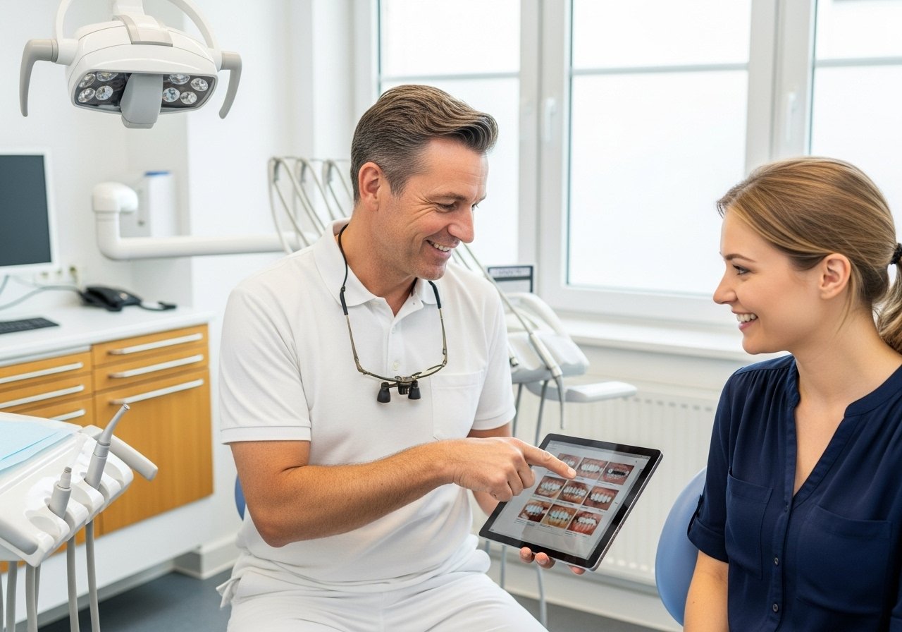 Zahnarzt berät Patientin über Bleaching-Methoden